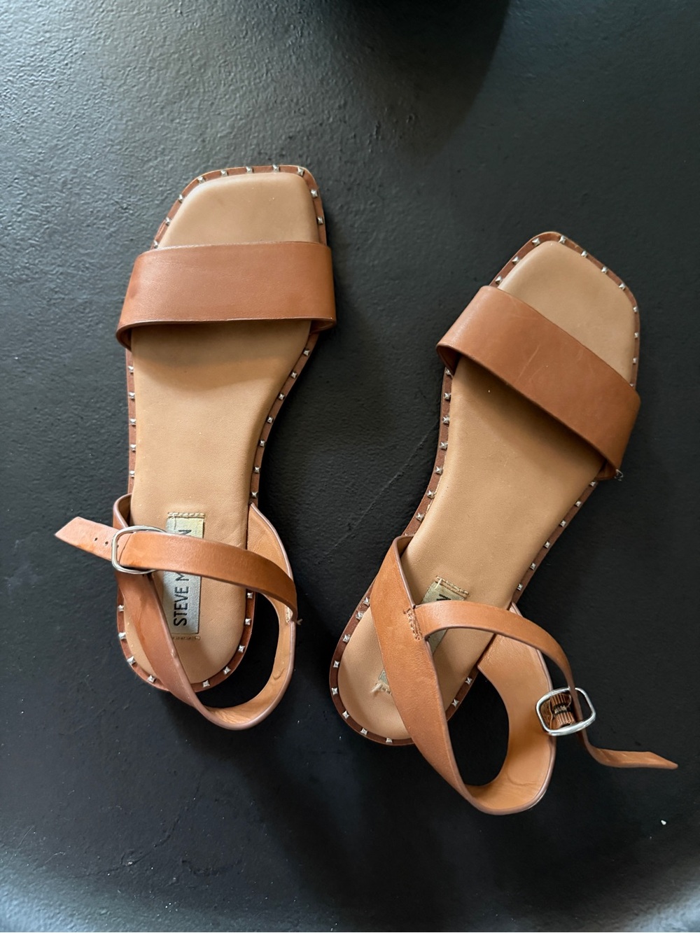 Steve Madden Cognac Leather Studded Strap Sandals